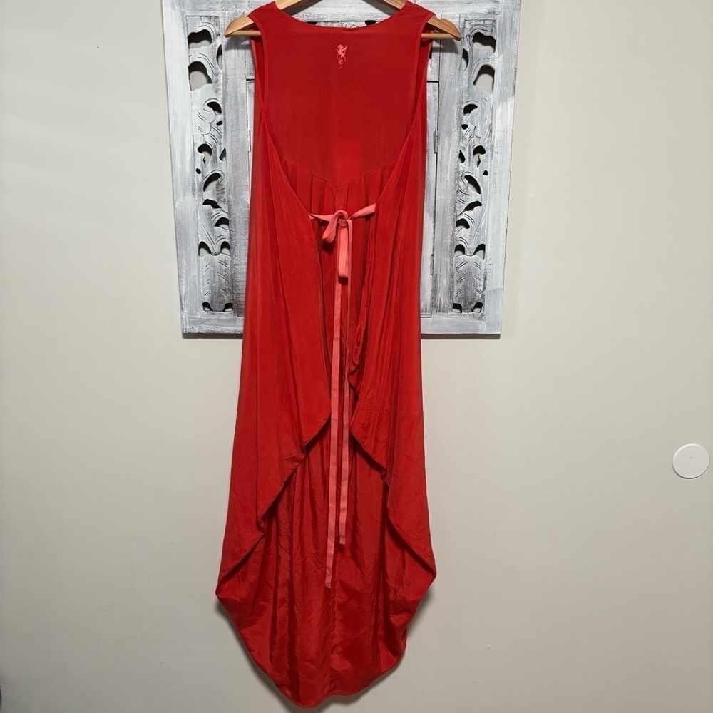 NEW European Culture Trapeze Red/Orange Silky Sleeveless Tie Waist Cocoon Dress - Picture 4 of 10